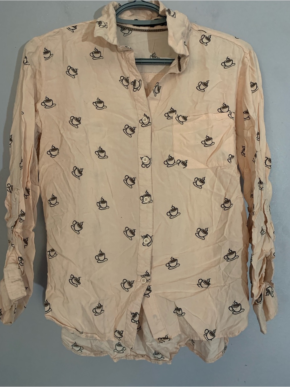 Max Jeans Blush Pink Coffee Print Button Up Blouse Size Small
